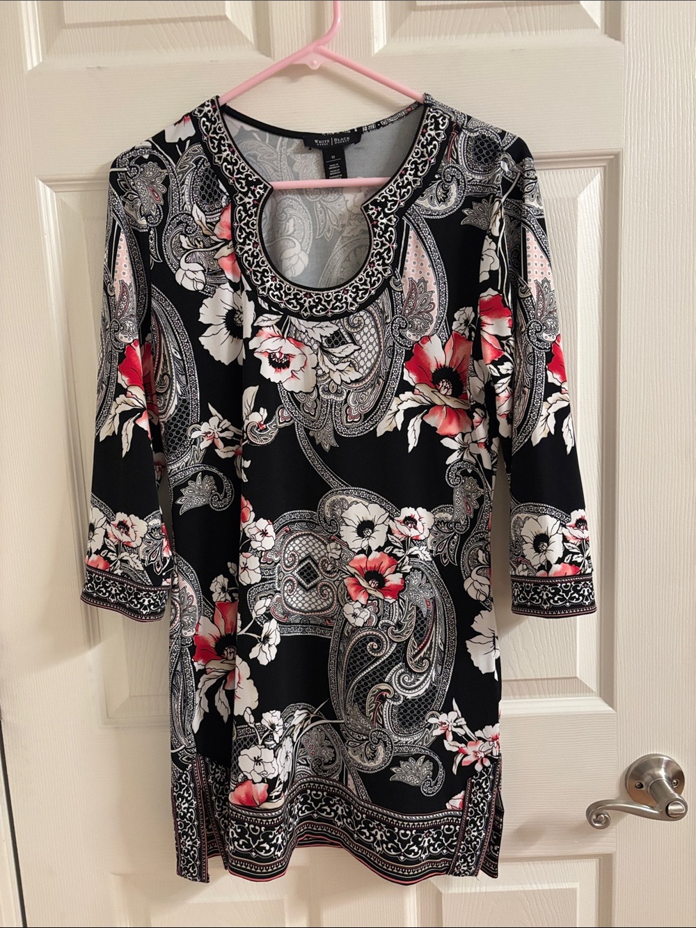 White House Black Market Black Tunic with Pink & White Floral Paisley